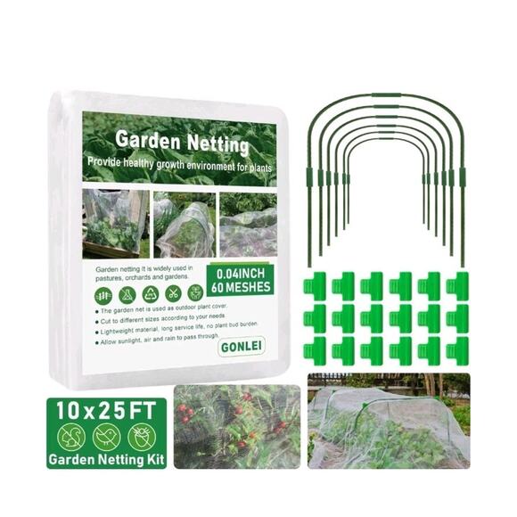 GonLei 10x25FT Garden Mesh Netting Kit Raised Beds (6 Pcs Garden Hoops & 18... - Picture 1 of 8